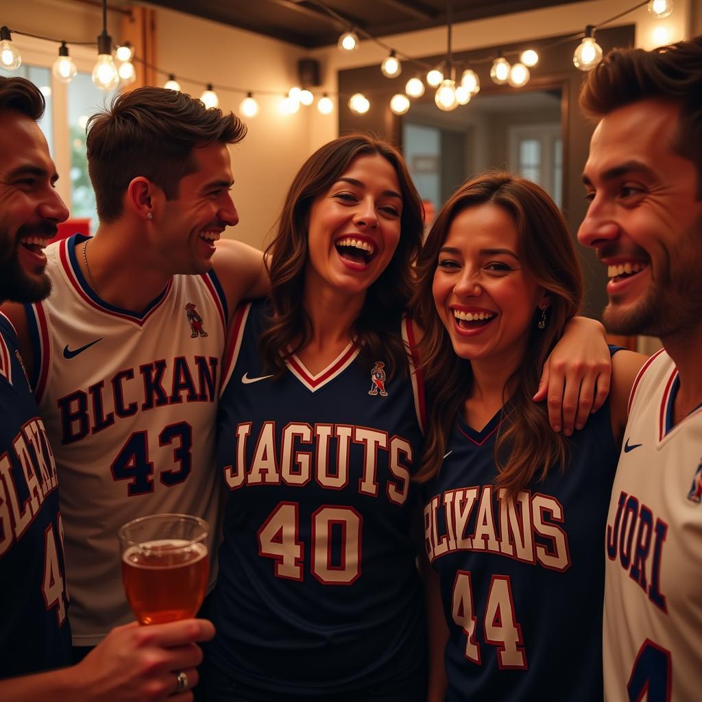 Group of Friends Wearing Funny Bachelor Party Jerseys