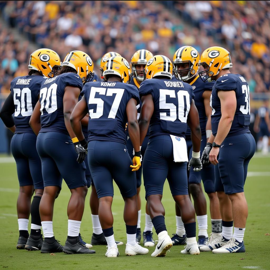 Football players strategizing on the field