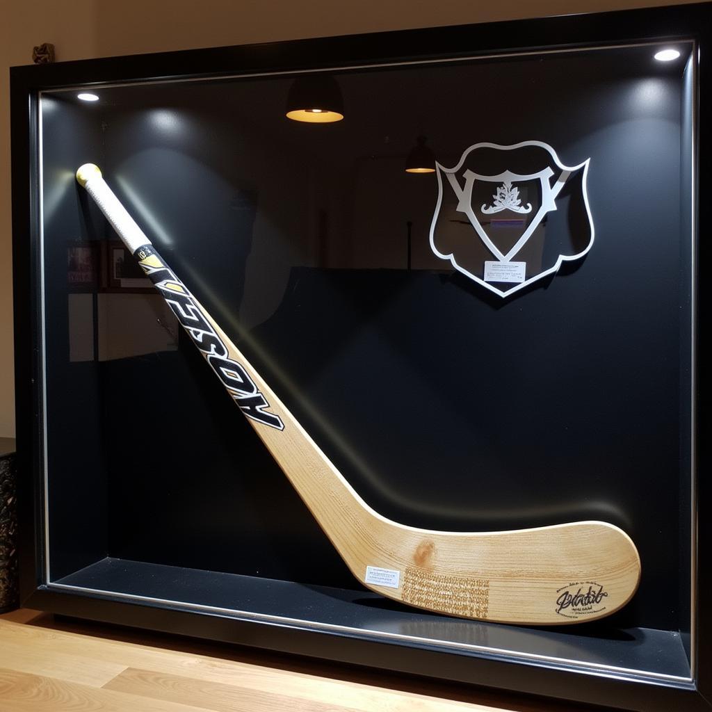 Game used hockey stick showcased in a display case