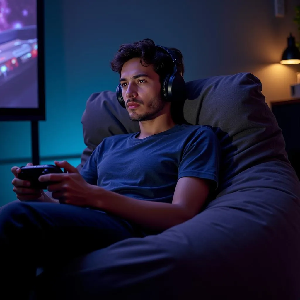 Gamer Relaxing in Bean Bag Chair with Headphones