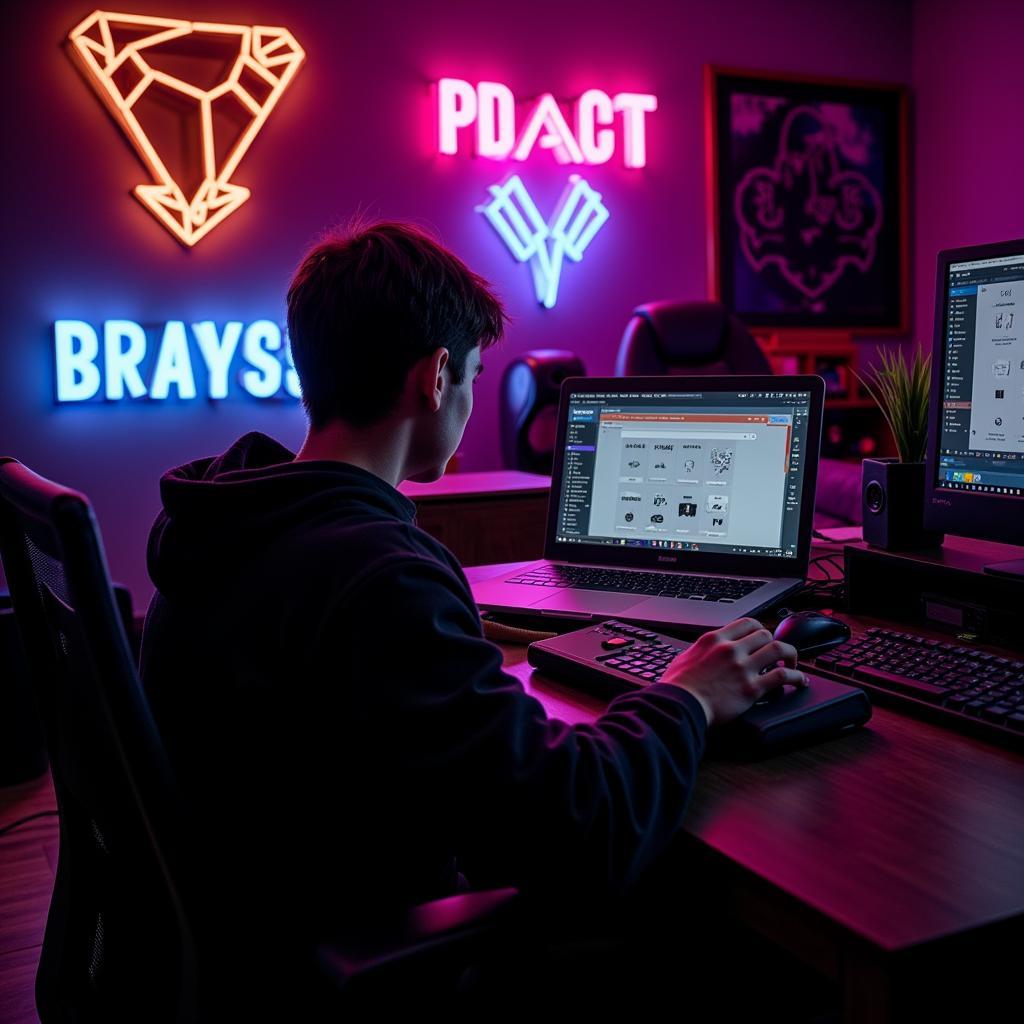 Gamer customizing a LED sign on a laptop