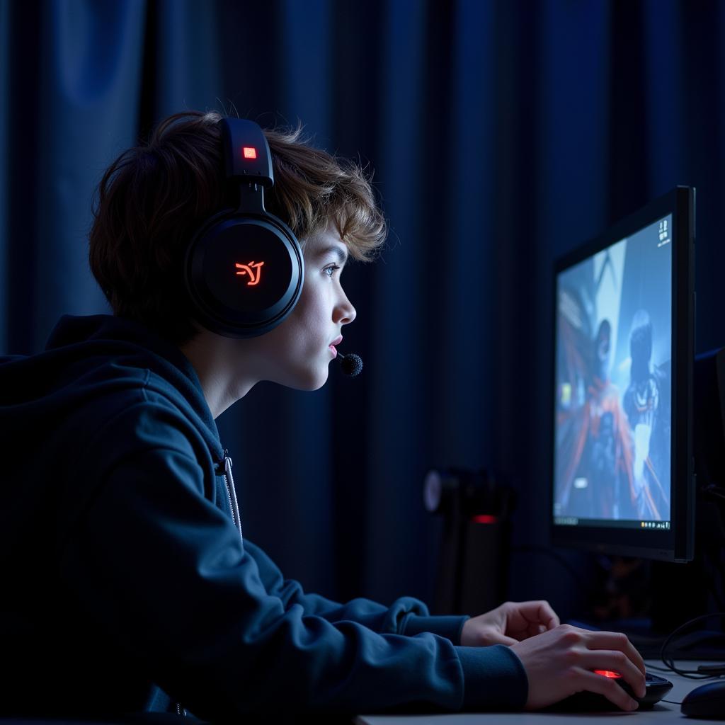 Gamer Fully Immersed in Video Game with Noise-Cancelling Headphones