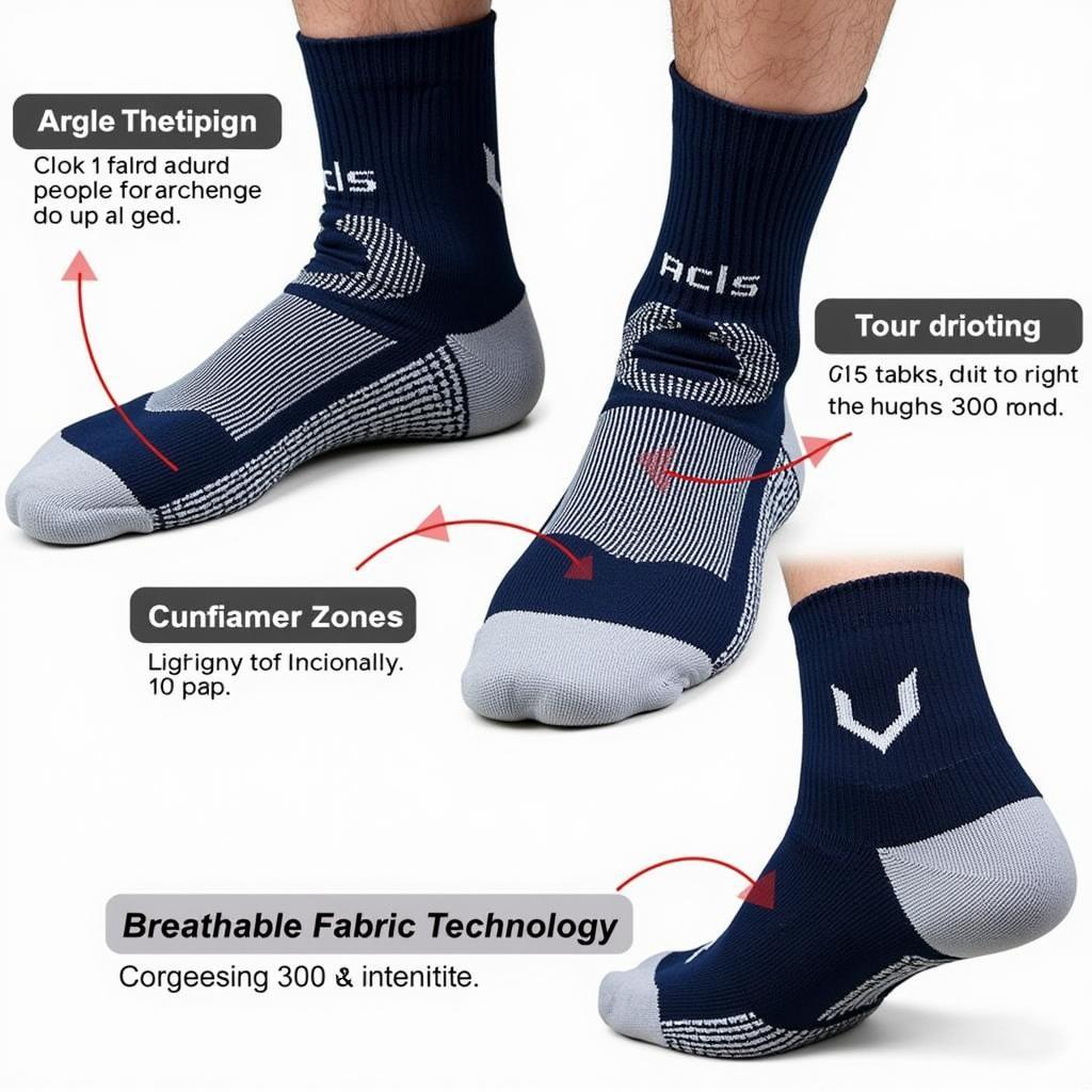 Close-up of gaming sock features: compression zones, breathable fabric.