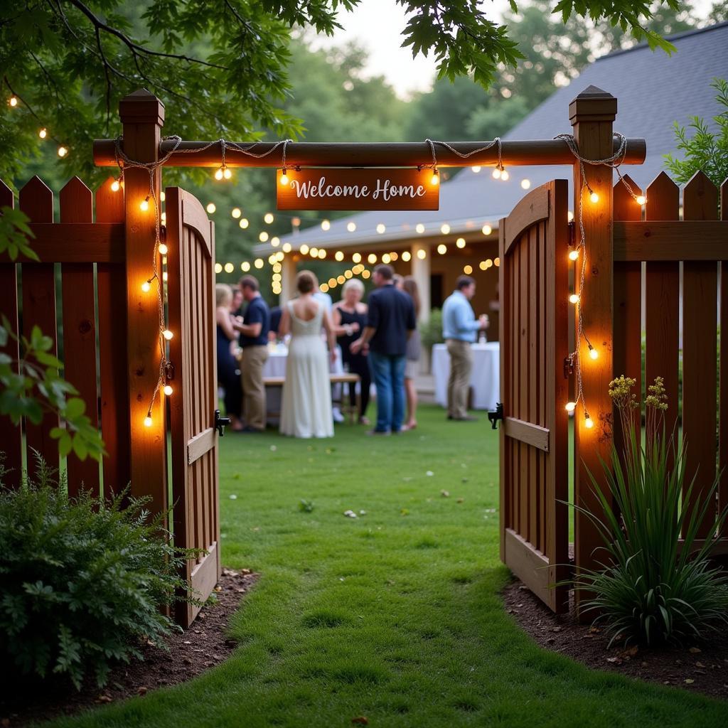 A personalized garden banner adds a welcoming touch to a backyard gathering