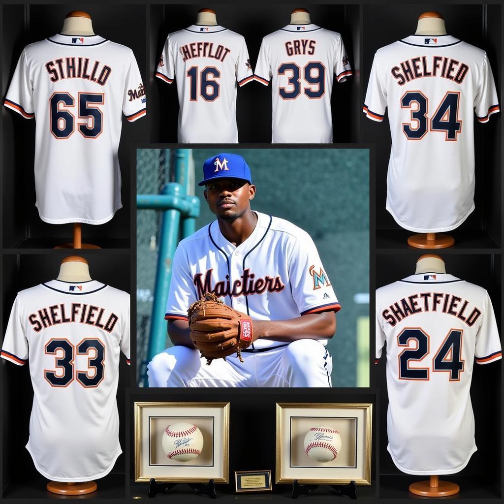 A collection of Gary Sheffield Marlins jerseys and memorabilia