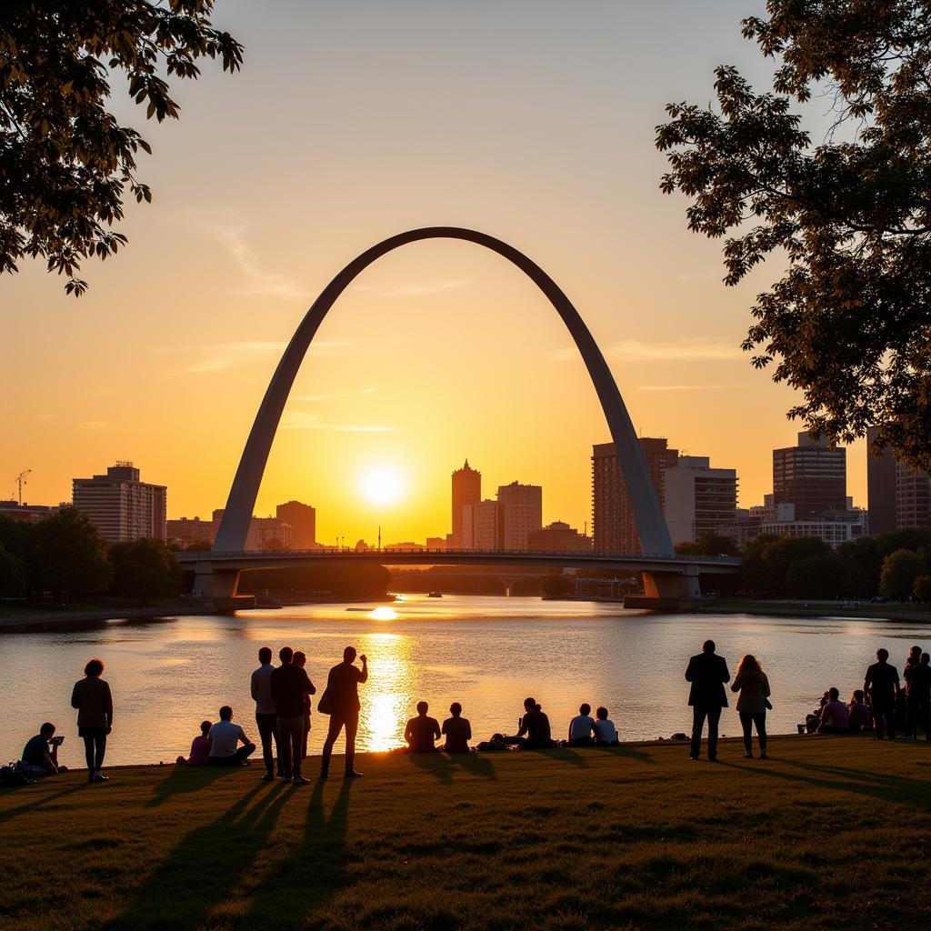 St. Louis Gateway Arch and Riverfront at Sunset