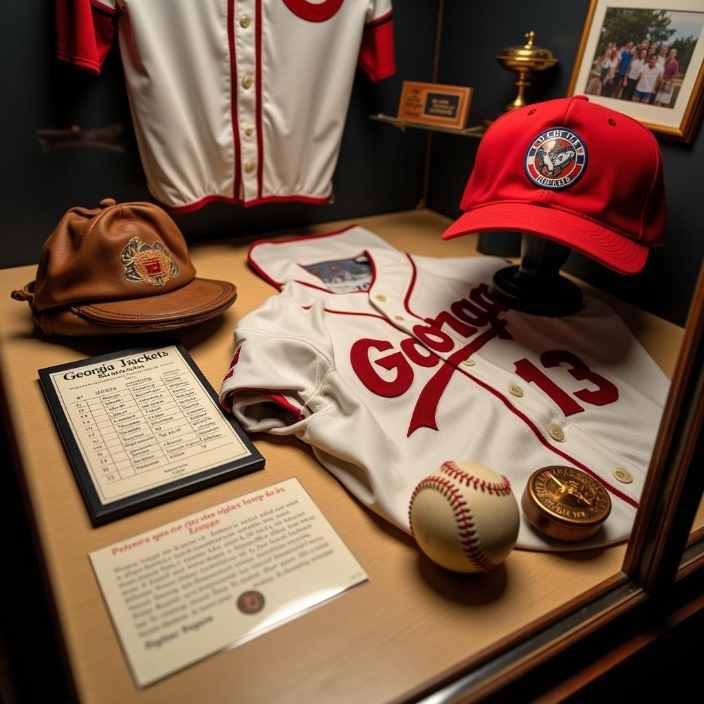 A display showcasing Georgia Jackets baseball gear, including jerseys, caps, bats, and gloves.