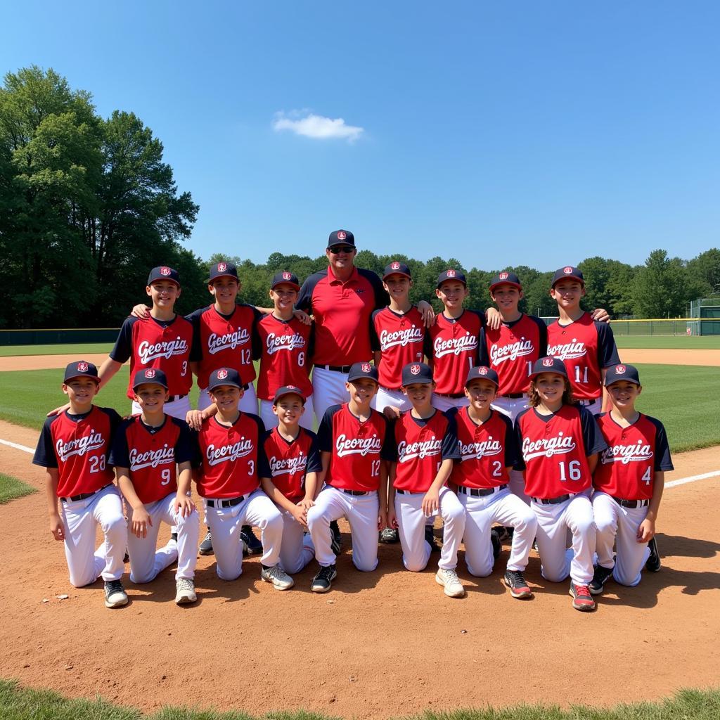 A Georgia Jackets youth baseball team posing with their coach