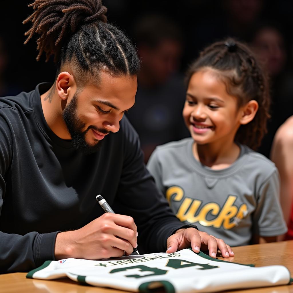 Giannis Antetokounmpo signing a jersey for a fan