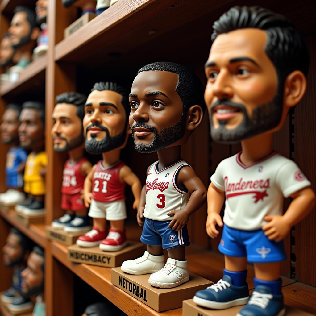 A collection of giant bobbleheads showcasing different sports figures