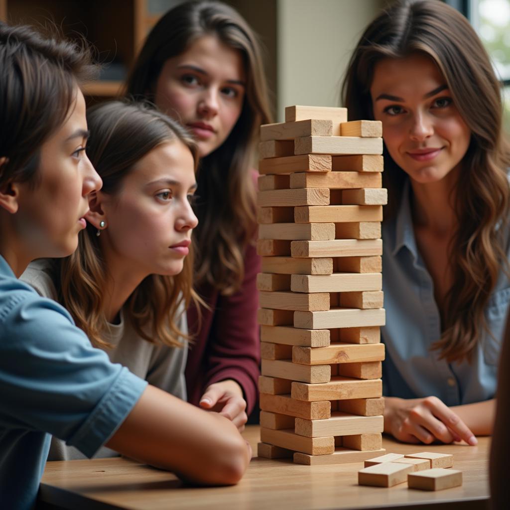 Friends playing giant jenga on a deck