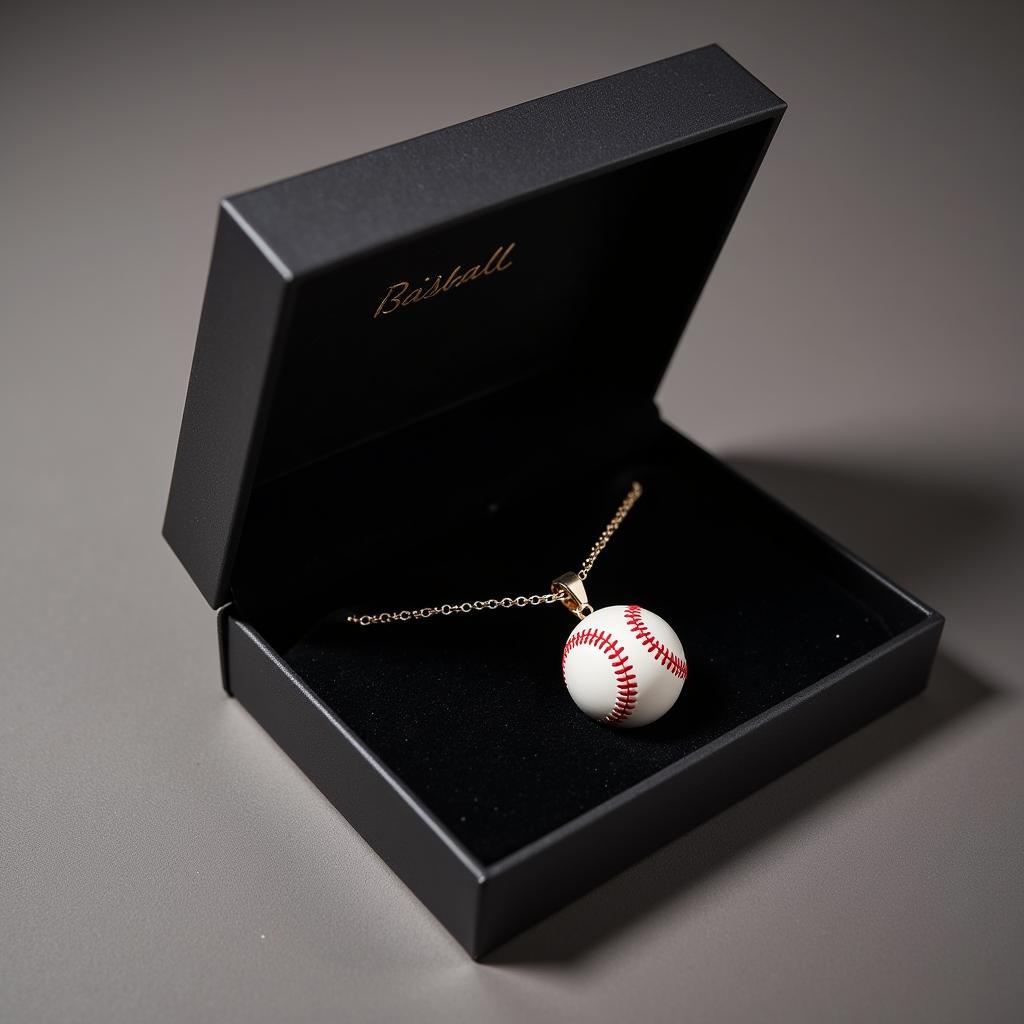 Open gift box revealing a baseball pendant necklace