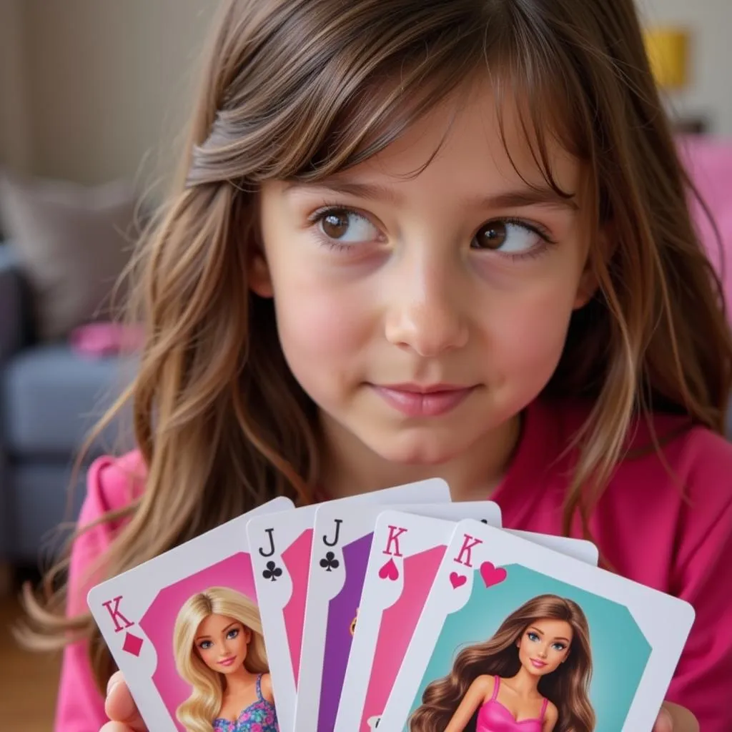 Young girl selecting a deck of Barbie playing cards