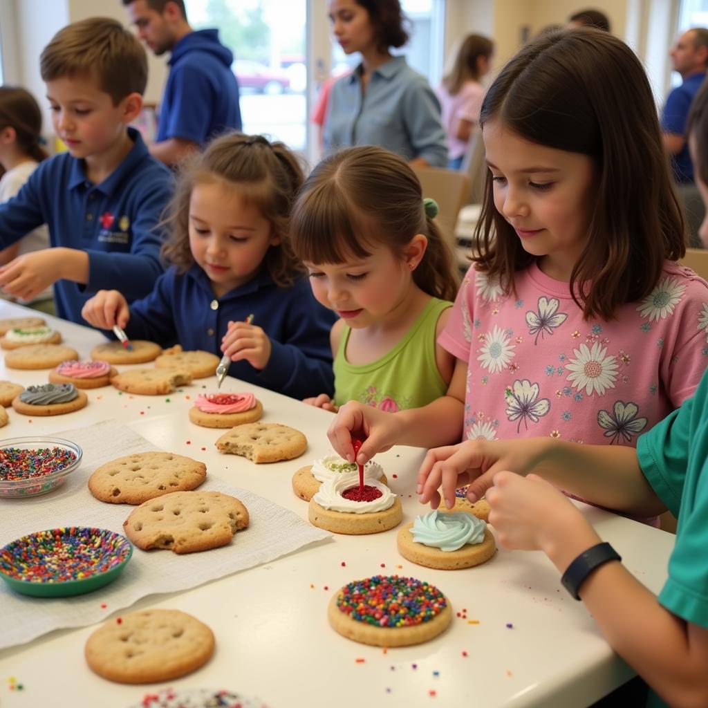 Children decorating Girl Scout cookies with frosting and sprinkles.