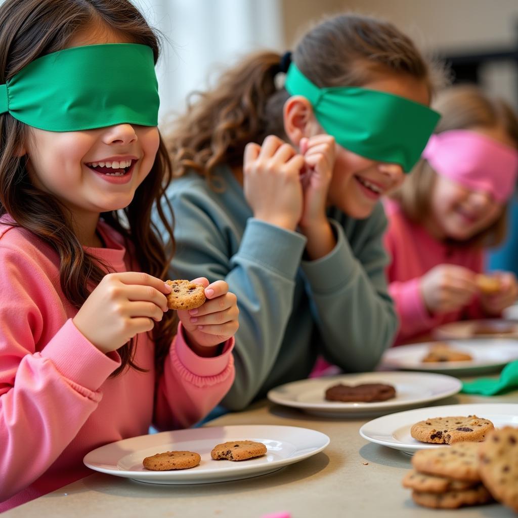 Blindfolded kids participating in a Girl Scout cookie tasting challenge