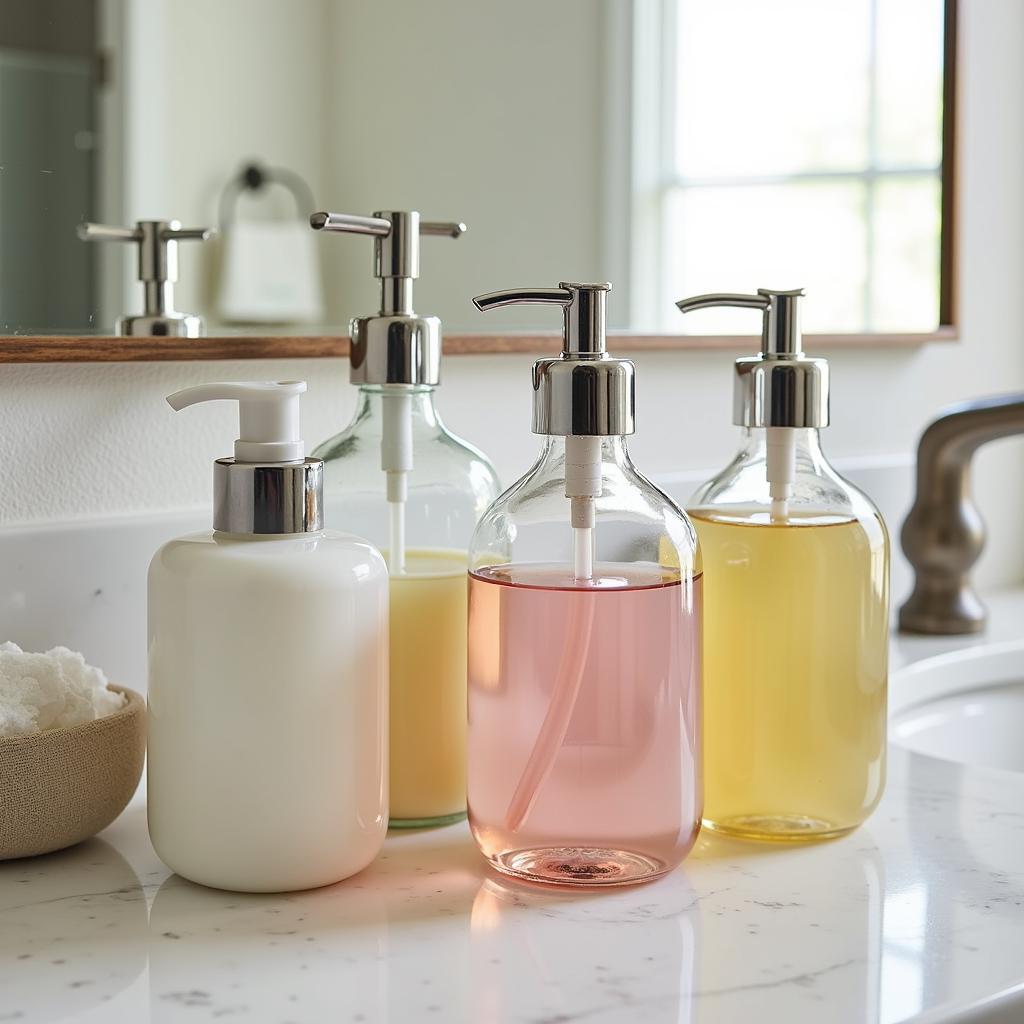 Glass lotion pump bottles displayed on a bathroom vanity.