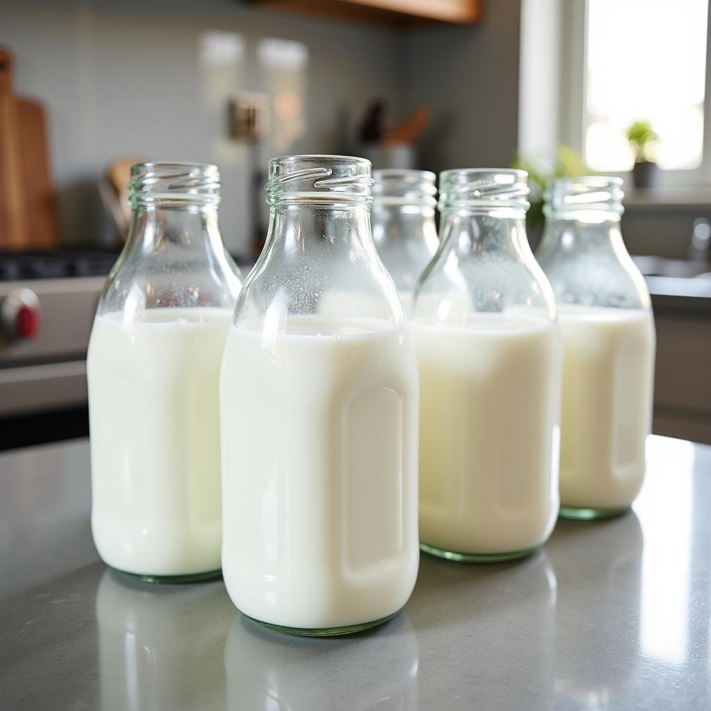 Glass milk bottles neatly arranged on a kitchen counter