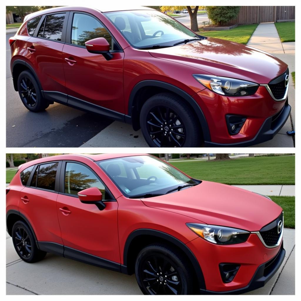 Comparing glossy and matte red vinyl wraps on Mazda cars