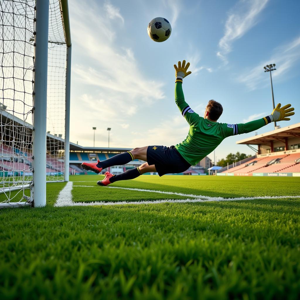 Goalkeeper making a diving save on a Gold Glove Bermuda pitch