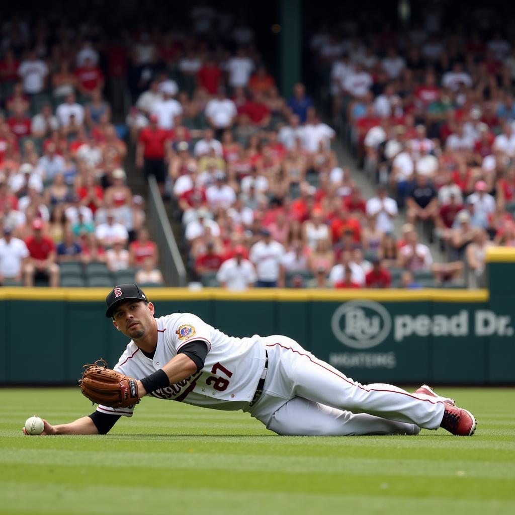 A baseball player makes a diving catch during a game.