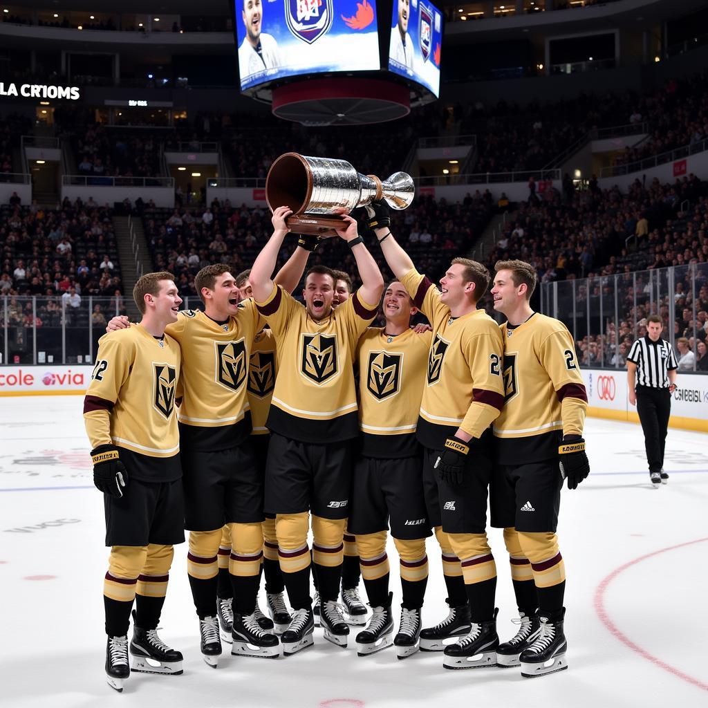 Celebrating a Championship Win in Gold Hockey Jerseys