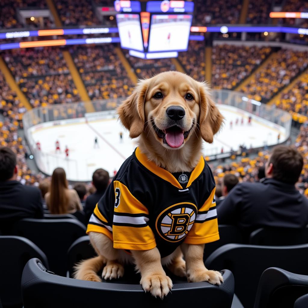 Golden Retriever puppy sporting Bruins jersey at a game