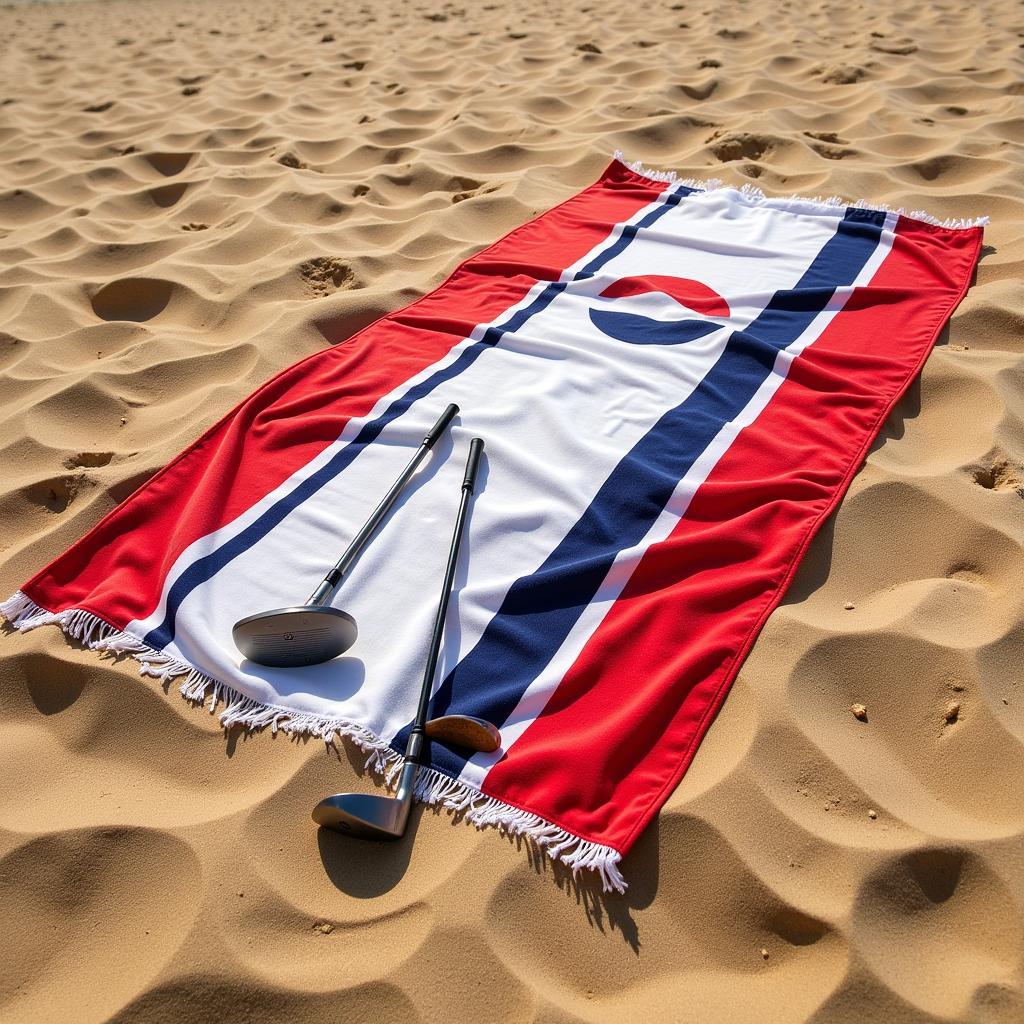 Golf beach towel laid out on the sand with golf clubs leaning against it