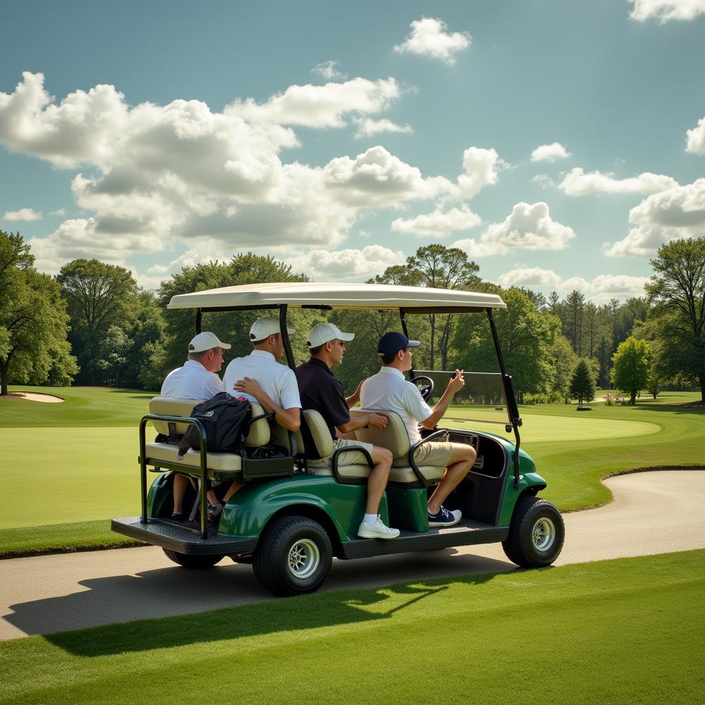 Golfers enjoying a round of golf in a cart with suite seats