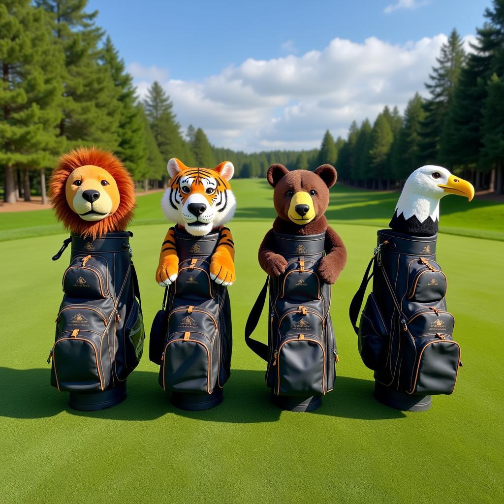 Golf bags with various animal head covers on a golf course