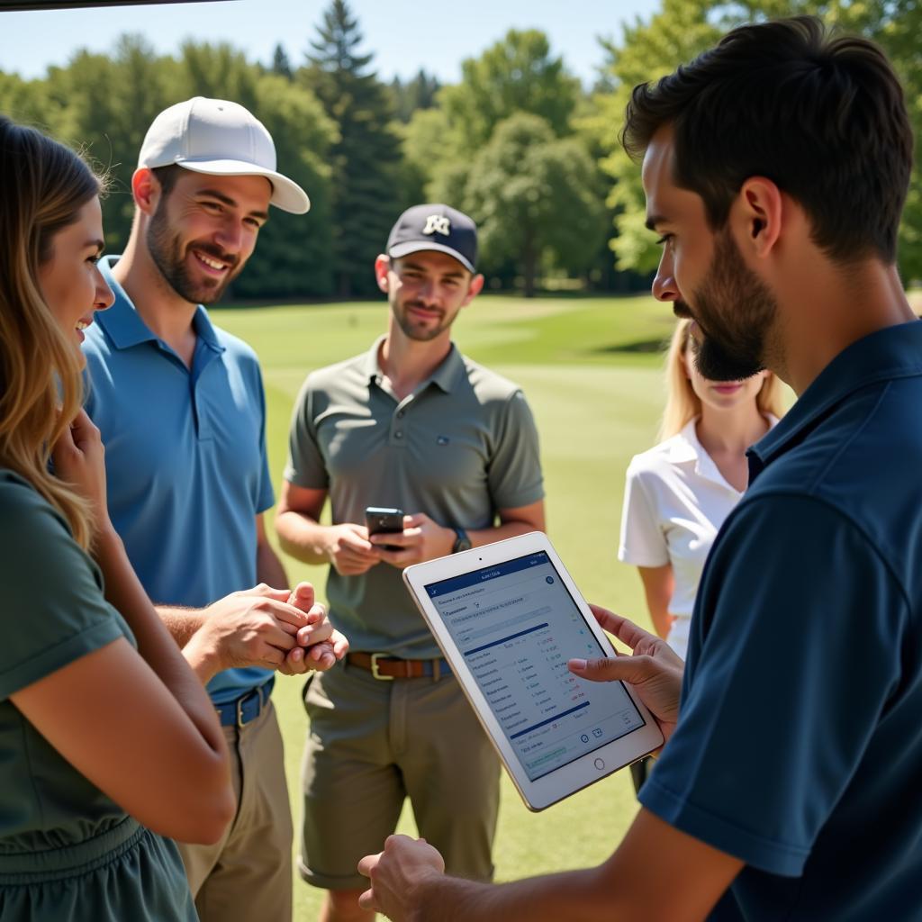 Group of friends using a scorekeeping app on an iPad mounted on their golf cart