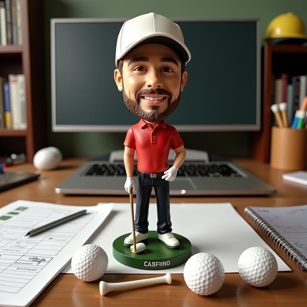 Golfer Bobblehead on a Desk with Golf Equipment