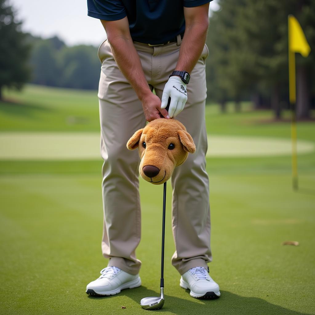 A golfer putting on an animal head cover on his driver after a tee shot