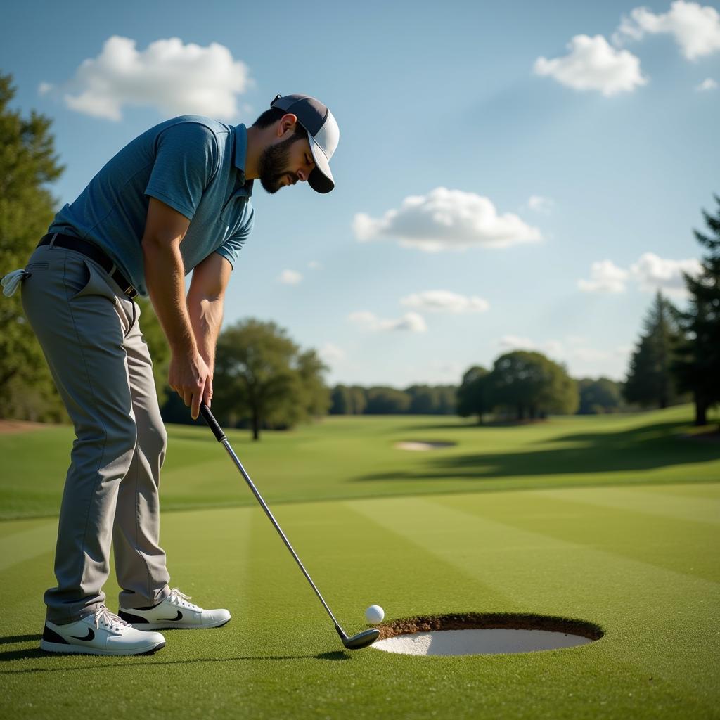 A golfer visualizing the path of the putt before taking the shot.