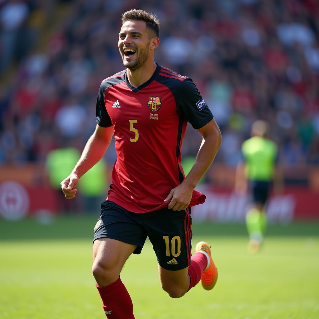 Footballer celebrating a goal with shirt tucked in on the left side