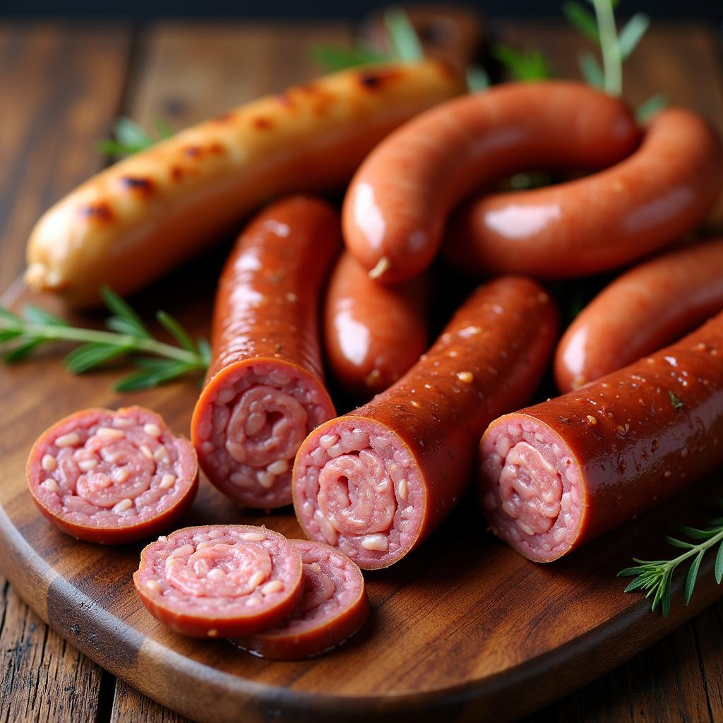 A selection of gourmet sausages arranged on a wooden board