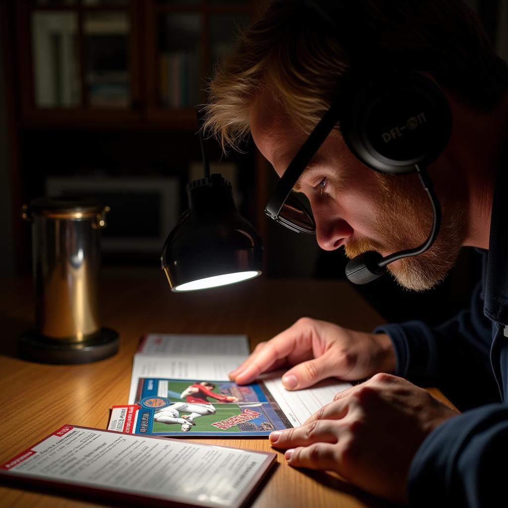 A collector carefully examines a 1995 Upper Deck Football card under a magnifying glass