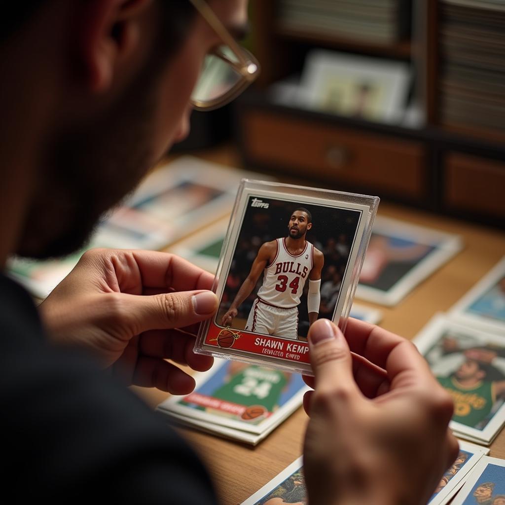 A collector examining a Shawn Kemp Topps card under a magnifying glass.