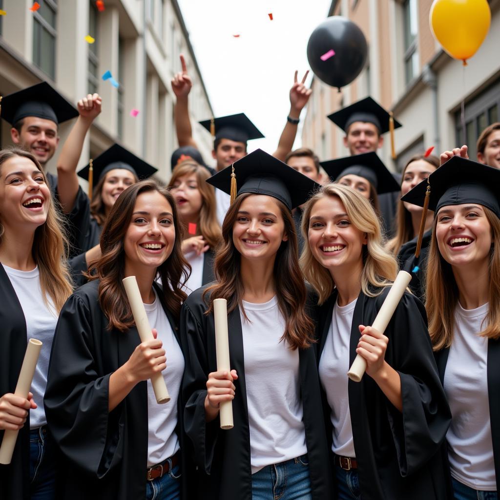 Students celebrating in graduation shirts