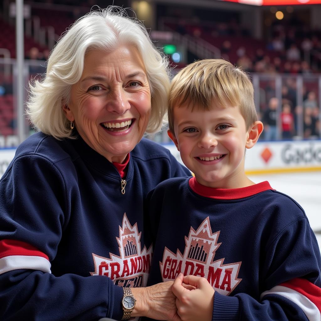 A grandma and her grandson sporting matching grandma hockey sweatshirts