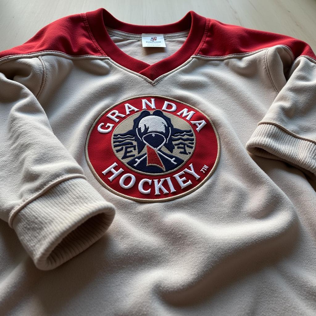 Close-up details on a grandma hockey sweatshirt