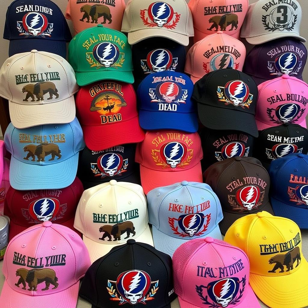 Various styles of Grateful Dead mesh hats showcasing different colors, designs, and logos.