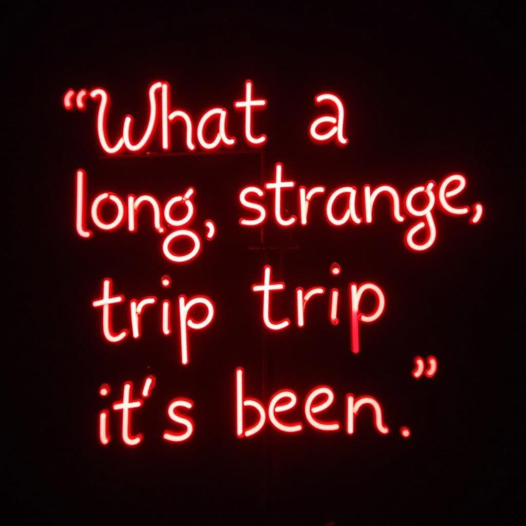 "What a long, strange trip it's been" neon sign.