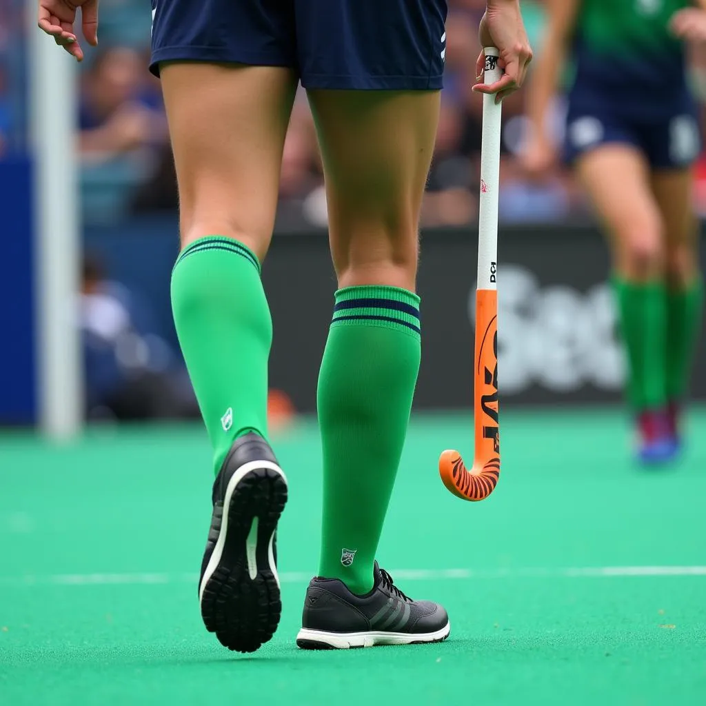 Green hockey socks worn by a player during a field hockey match