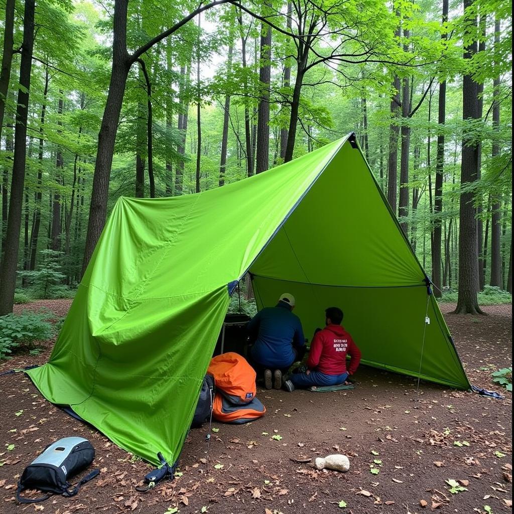 Green tarp used as a camping shelter