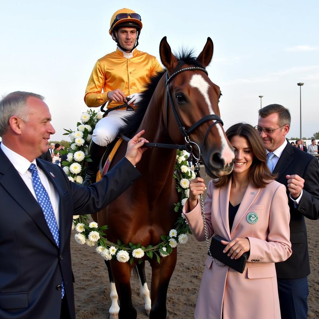 The winning horse and jockey celebrating their victory in the Greg Olson Futurity