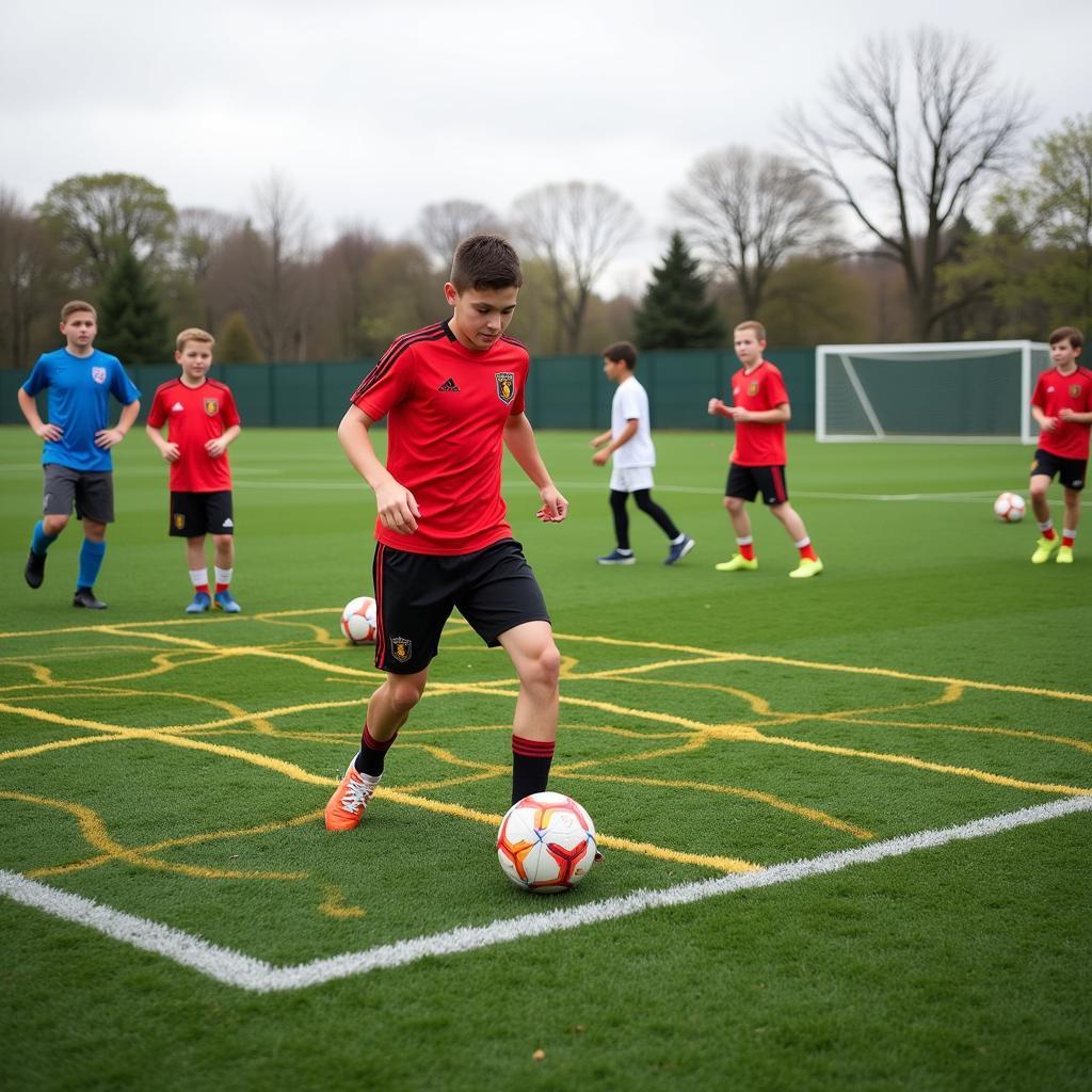 Players using grid cubbies for football drills