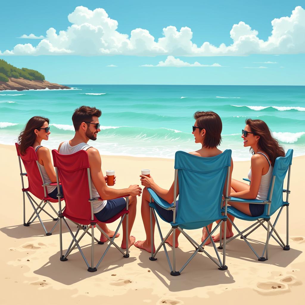 Group of friends enjoying baseball chairs at the beach