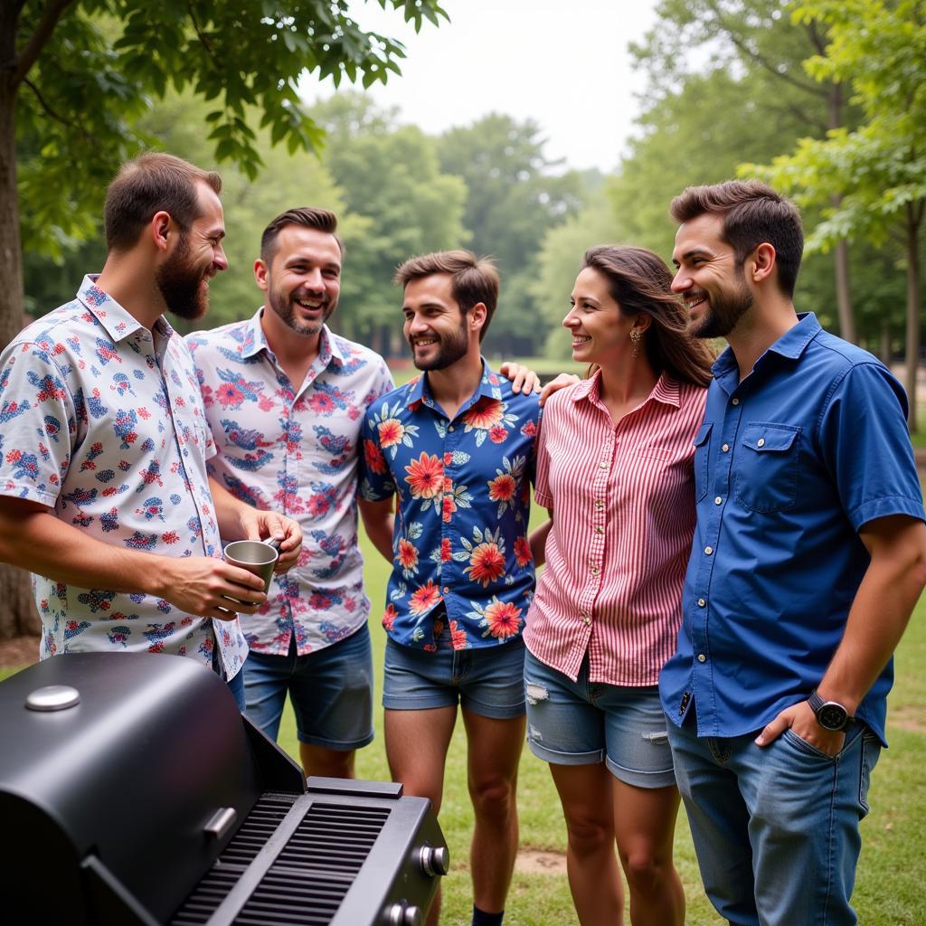 Group of friends wearing Fourth of July Hawaiian shirts at a barbecue