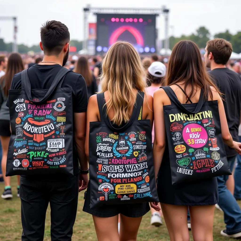 Group of friends using sign bags at a music festival