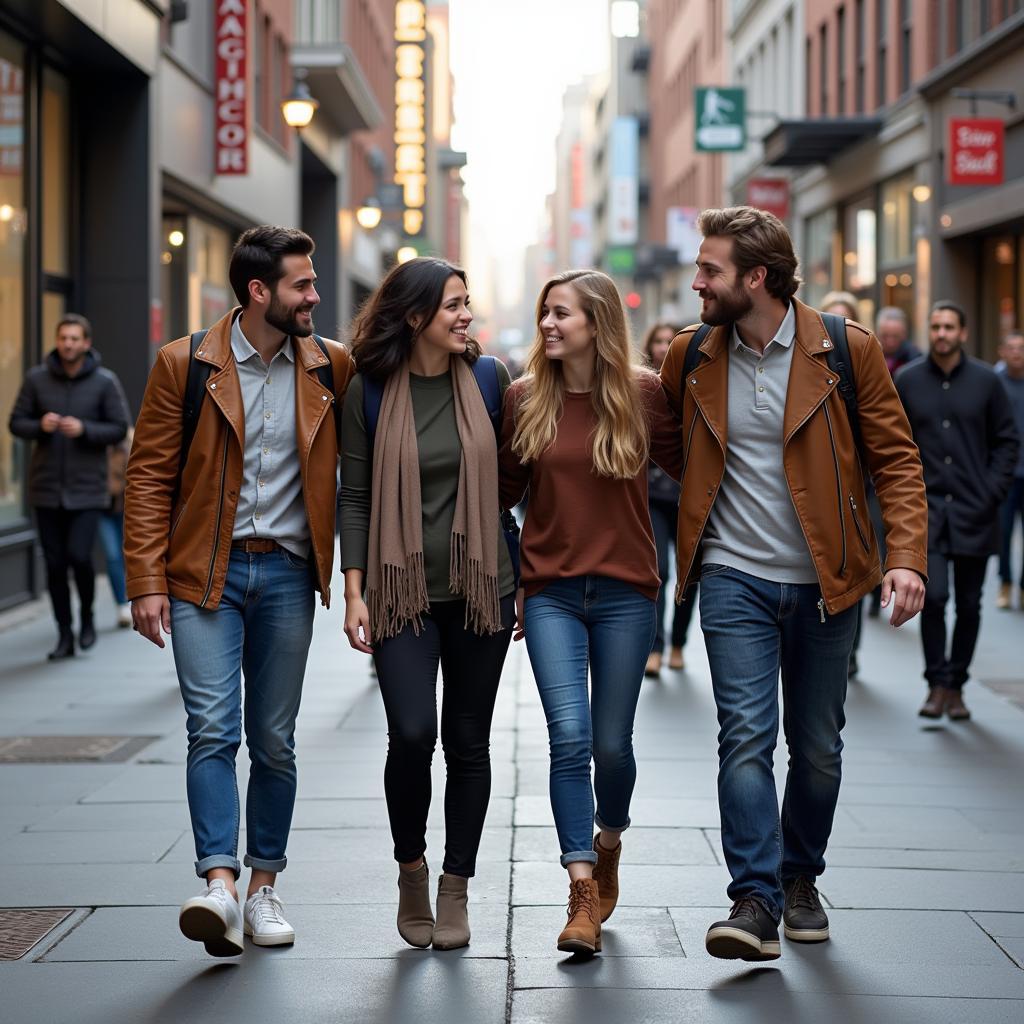 Group of Friends Walking Confidently Down City Street